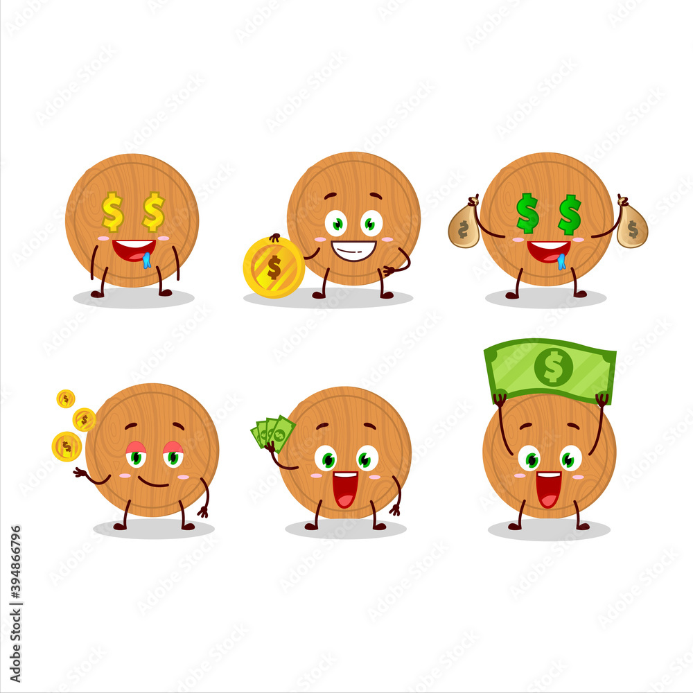 Circle wood cutting board cartoon character with cute emoticon bring money Circle wood cutting board cartoon character with cute emoticon bring money