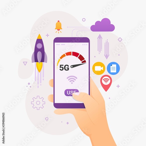 People use network high speed 5g connection. people using high speed wireless connection 5G via mobile smartphone design concept vector illustration