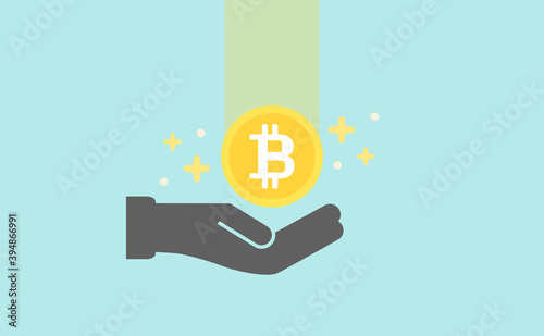 仮想通貨ビットコインのマーク入りコインと手のアイコン - 白バック：BTC・投資・トレード・売買イメージ素材