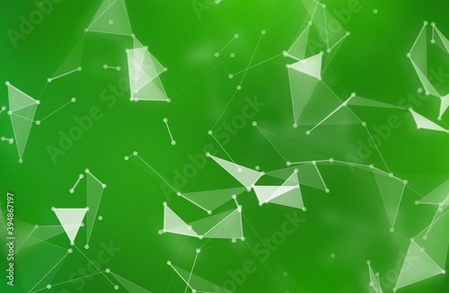 Abstract plexus background with network polygons. Green digital science banner. Network connection effect. Geometric triangle elements. Technology concept with shape structure.Vector illustration.