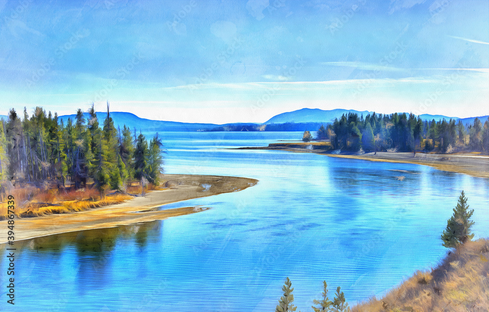 Yellowstone lake colorful painting looks like picture, Yellowstone National Park, USA.