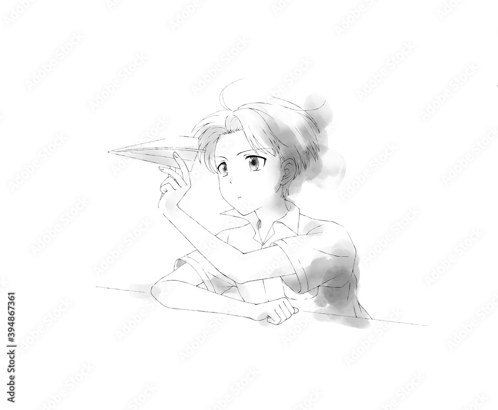 Obraz premium 紙飛行機 少年 モノクロ