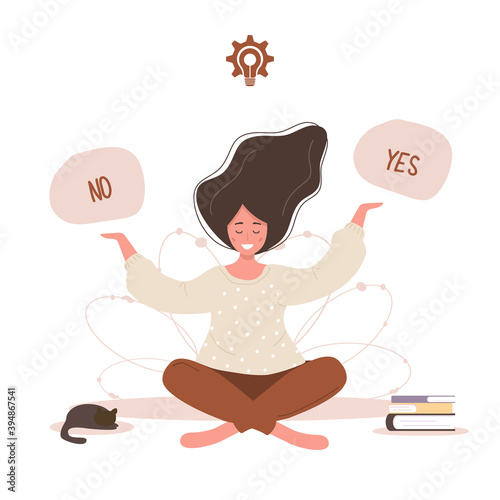 Woman thinking to choose yes or no. Smart girl solving problems. Vector illustration in cartoon style.