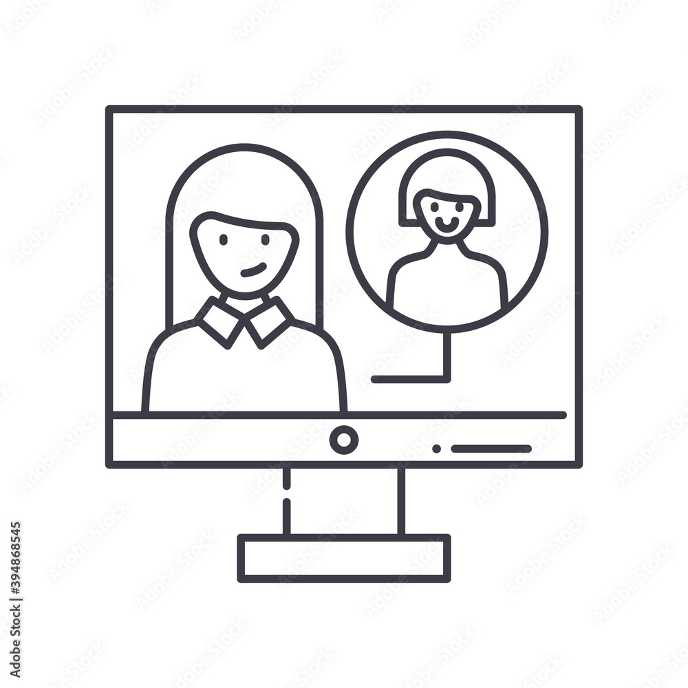 Videocall icon, linear isolated illustration, thin line vector, web design sign, outline concept symbol with editable stroke on white background.