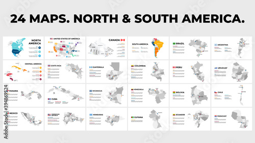 North and South America vector map country infographics. 24 slide presentation templates. United States, Canada, Brazil, Mexico, Argentina and more.