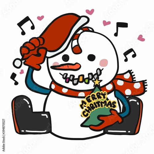 Snowman happy and sing Merry Christmas cartoon vector illustration