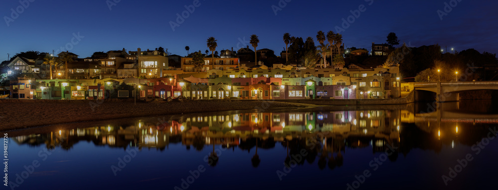 Panoramic Capitola Village and Water Reflections during Blue Hour. Capitola, Santa Cruz County, California, USA.