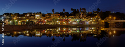 Panoramic Capitola Village and Water Reflections during Blue Hour. Capitola, Santa Cruz County, California, USA.