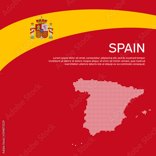 Abstract waving spain flag and mosaic map. Creative background for spain patriotic holiday card design. National poster. Spanish state patriotic cover, flyer. Vector flat design