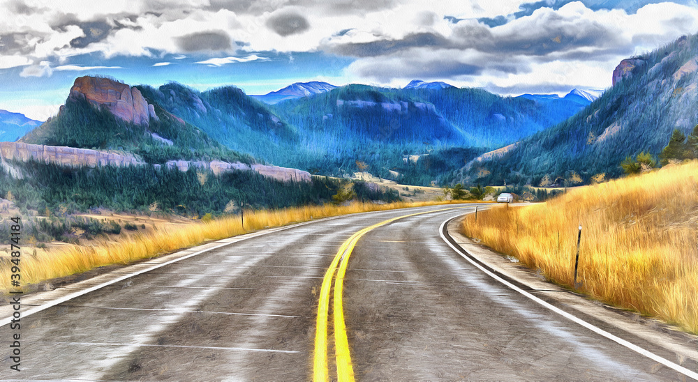 Beautiful mountain landscape with asphalt road colorful painting, Wyoming, USA.