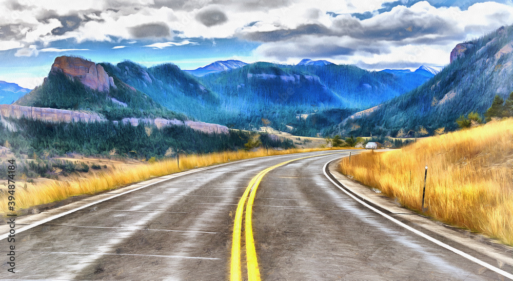 Beautiful mountain landscape with asphalt road colorful painting, Wyoming, USA. Beautiful mountain landscape with asphalt road colorful painting, Wyoming, USA.