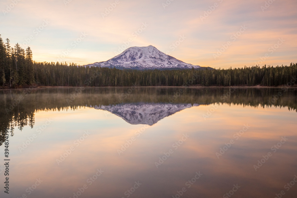 Sunrise at Lake Takhlakh with Mt Adams in Washington State Cascade mountains