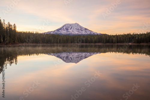 Sunrise at Lake Takhlakh with Mt Adams in Washington State Cascade mountains