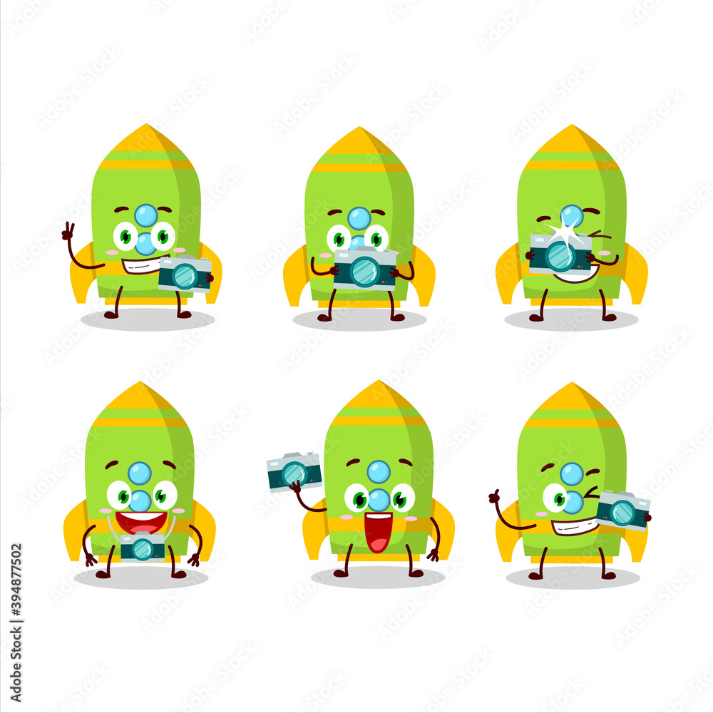 Photographer profession emoticon with green rocket firecracker cartoon character Photographer profession emoticon with green rocket firecracker cartoon character