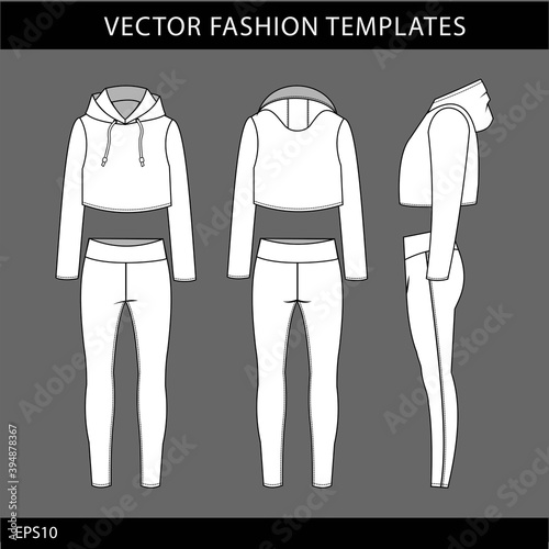 hoodie and legging fashion flat sketch template, jogging outfit front and back, sport wear outfit 