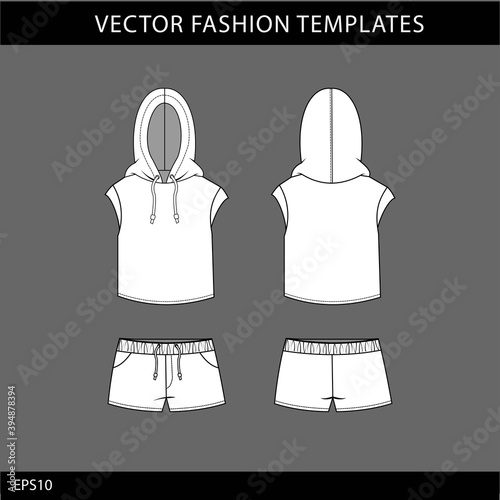 hoodie and short pant fashion flat sketch template, sport wear outfit 