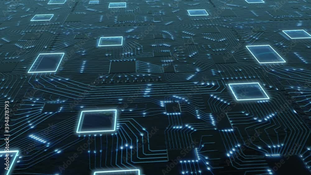Axonometric Sci-Fi digital blue background, printed circuit board with chips and electronic signals 3d render binary data
