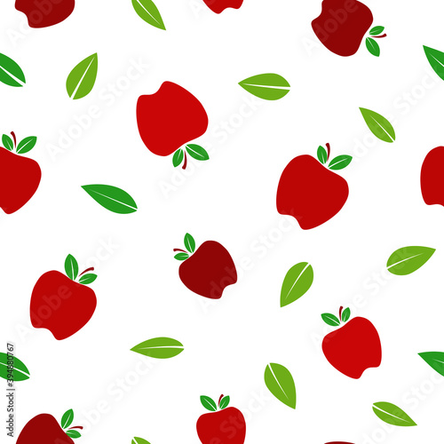 Fototapeta Naklejka Na Ścianę i Meble -  Red apple and leaves, flat vector illustration with over white background seamless pattern
