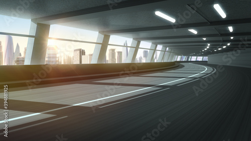 Abstract speed motion in urban highway road tunnel in sunlight ,3D rendering.
