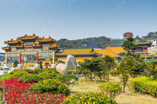 Chinese traditional colorful Baotuo lecture temples in the Putuoshan mountains, Zhoushan Islands,  a renowned site in Chinese bodhimanda of the bodhisattva Avalokitesvara (Guanyin) photo