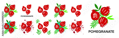 Fototapeta Naklejka Na Ścianę i Meble -  A set of vector garnet logos isolated on a white background. Pomegranate and seed for logo, label for design. Abstract hand-drawn pomegranate with leaves-logo design, poster template.