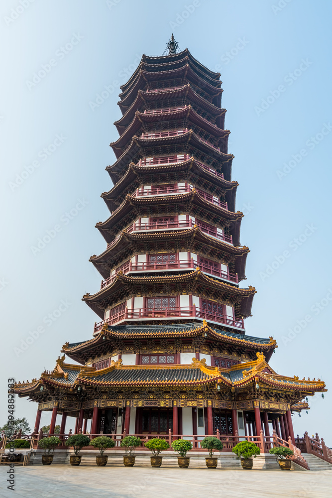 A Chinese traditional Buddha tower in the Putuoshan, Zhoushan Islands,  a renowned site in Chinese bodhimanda of the bodhisattva Avalokitesvara (Guanyin)