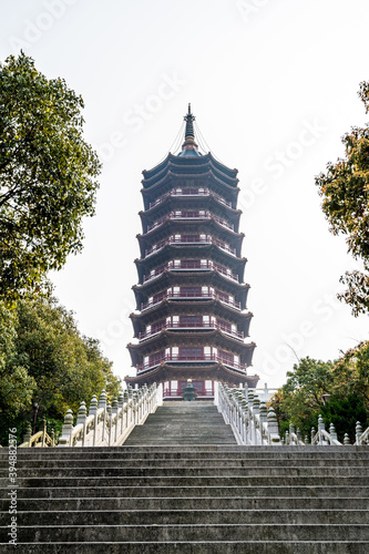 A Chinese traditional Buddha tower in the Putuoshan, Zhoushan Islands, a renowned site in Chinese bodhimanda of the bodhisattva Avalokitesvara (Guanyin)