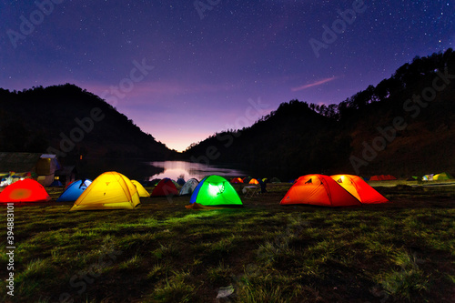 Night View Of Ranu Kumbolo Campsite. Mount Semeru. Indonesia
