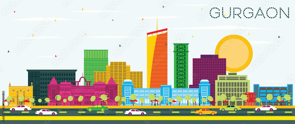 Gurgaon India City Skyline with Color Buildings and Blue Sky.