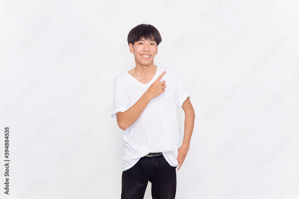 a young man with hand point on empty space