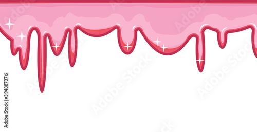 Beads of pink liquid. Custard. Red ice cream. Thick flowing paint. Slime. The drops are slipping. The isolated object on a white background. Flat cartoon style. Shine. Frame. Vector