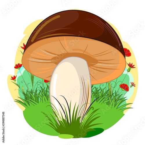 Brown mushroom on the background of a blooming meadow. Wildflowers and grass. Vector isolated on white. Cartoon flat style. Beautiful little forest mushroom. Scenery. Landscape.
