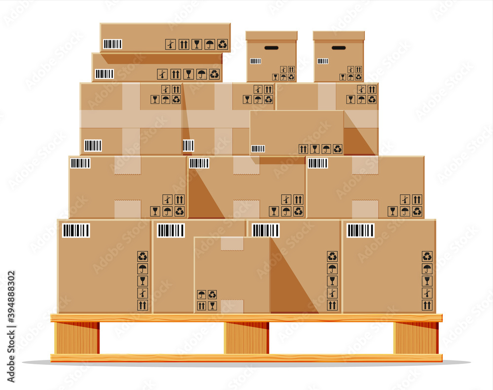 Cardboard boxes pile on wooden pallet isolated on white. Carton delivery packaging closed, sealed, cubic, big and small box with fragile signs. Vector illustration in flat style Cardboard boxes pile on wooden pallet isolated on white. Carton delivery packaging closed, sealed, cubic, big and small box with fragile signs. Vector illustration in flat style