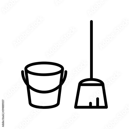 Outline icon besom with stick and pail with handle. Silhouette broom and bucket simple line vector template. Linear style sign for mobile concept and web design. Symbol, logo illustration.