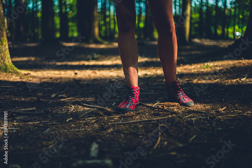 Feet and legs of a young woman standing in the forest