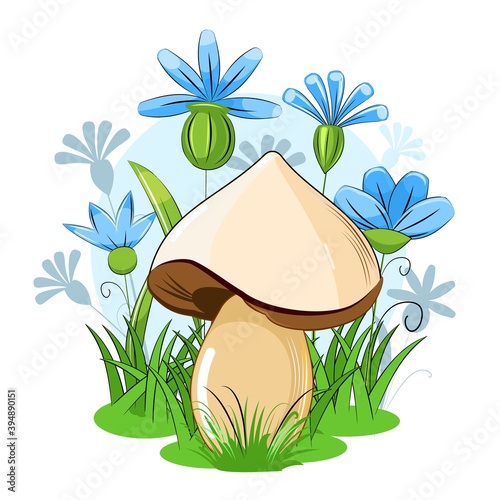 White mushroom on the background of a blooming meadow. Wildflowers and grass. Vector isolated on white. Cartoon flat style. Beautiful little forest mushroom. Scenery. Landscape.