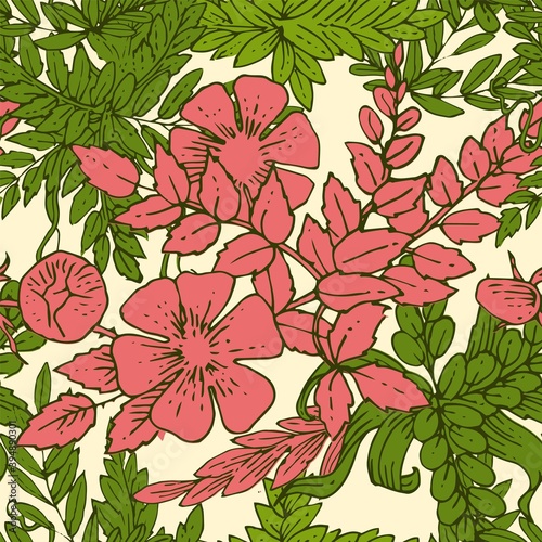 Floral ornament. Plexus of branches and leaves of trees, shrubs and herbs. Decorative and wild flowers. Seamless. Beautiful summer, spring composition. Vector illustration.
