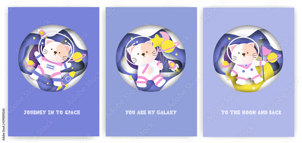 Set of baby shower greeting cards with a cute cat on the galaxy.