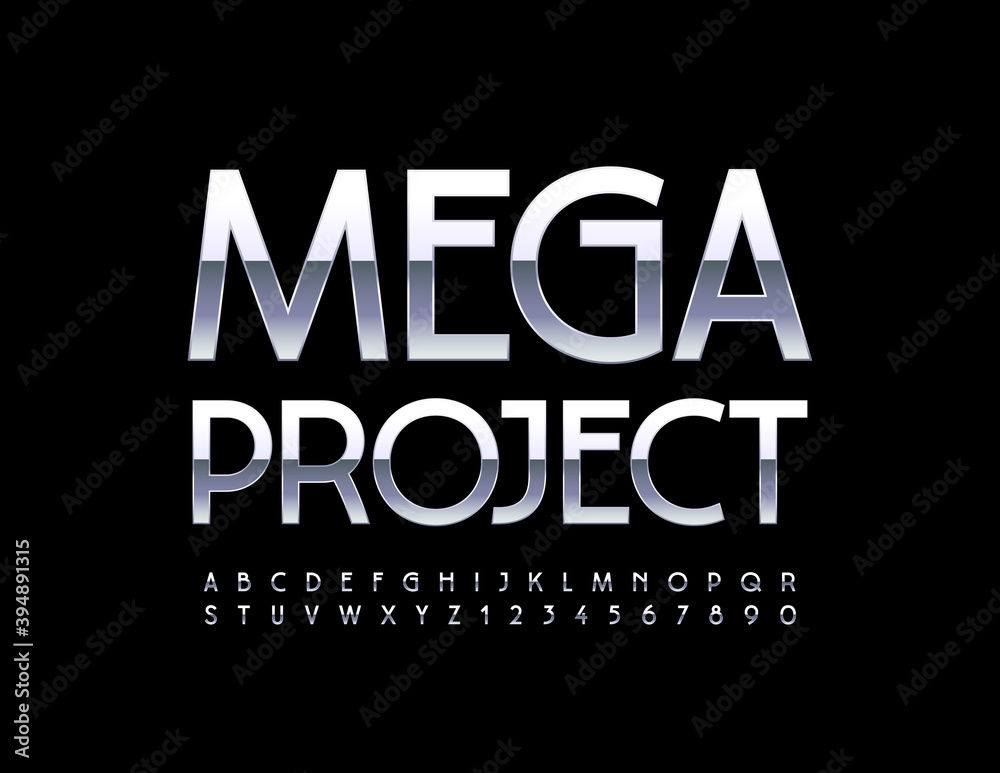 Vector premium sign Mega Project. Shiny silver Font. Elegant metallic Alphabet Letters and Numbers set