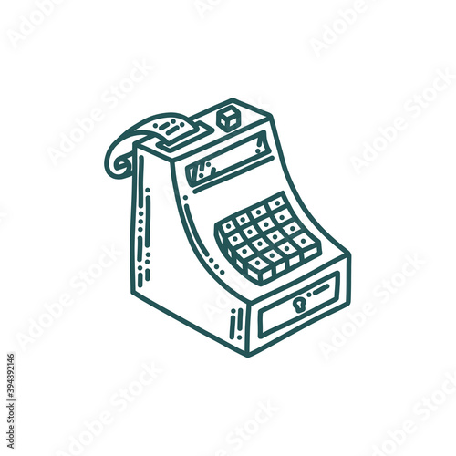 Cash register isolated in white background. Supermarket cashier with receipt in doodle style. Vector illustration