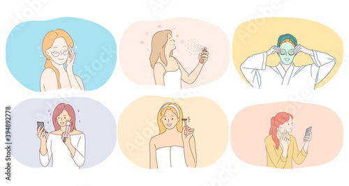c. Young smiling women cartoon characters using face cream, hair spray, beauty masks, eye patches, razor for shaving doing make up illustration 