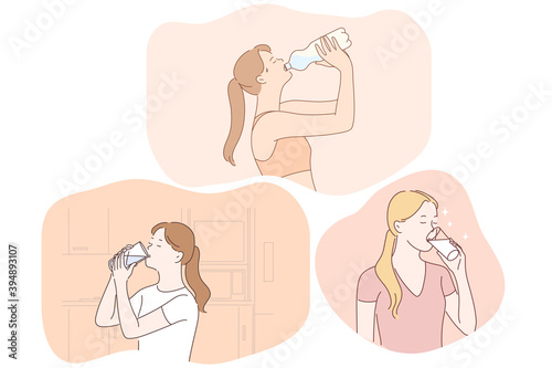 Drinking pure water, liquid, health concept. Young women cartoon characters drinking clear still water from bottle or glass at home or during workout. Detox, diet, refreshment vector illustration 