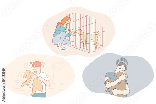 Adoption dogs from shelter, volunteering and helping pets concept. Young boys and girl feeding dogs in shelter cage, holding on hands, hugging and taking care of adopted puppies illustration 