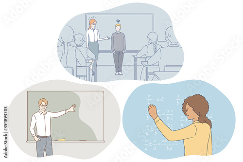 Studying in school, pupil, teacher concept. Teacher introducing new pupil to classmates in classroom, teacher explaining information, girl student solving task on chalkboard at school illustration