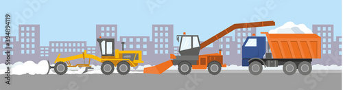 Snow removal equipment: an orange snow blower and a truck covered with snow. Finished illustration: winter snowfall in the city, the problem of cleaning and removing snow. Flat infographics. Vector