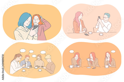 Smartphone, online communication, chatting concept. Young teen people cartoon characters making photo on smartphone, chatting, searching information in internet, calling and communicating 