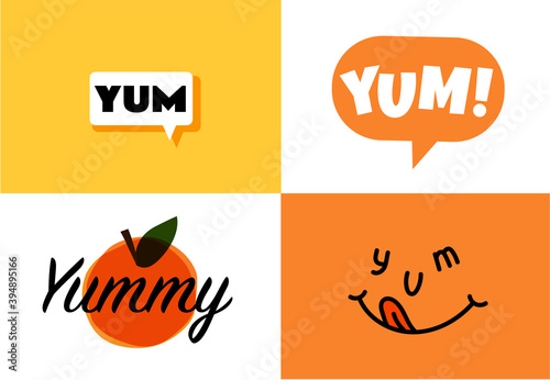 A set of Yum text in the speech bubbles. Yummy concept design doodle for print. Printable graphic tee. Colorful vector illustration. Cartoon hand drawn calligraphy style.