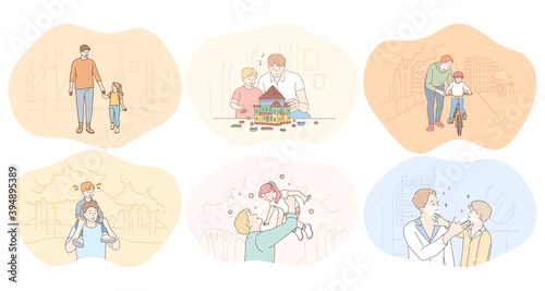 Father and child, fathers day, activities with children concept. Young men fathers walking in park, playing, having fun, building toy house, communicating and teaching children vector illustration 