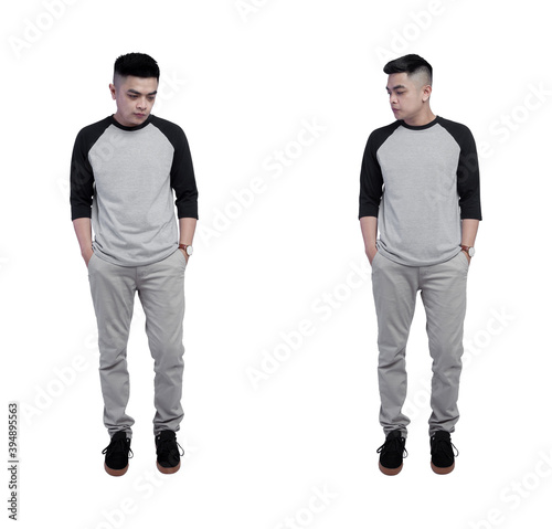 Asian man wearing raglan t shirt with black heather grey color isolated in white background