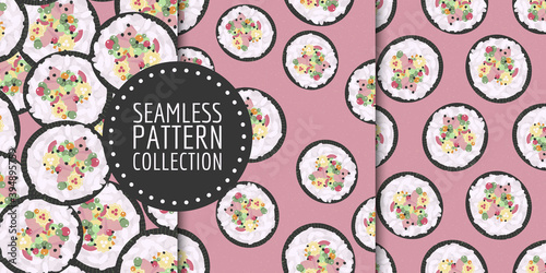 Korean street food. Kimbap, also known as gimbap. Seamless patterns set. Vector illustration